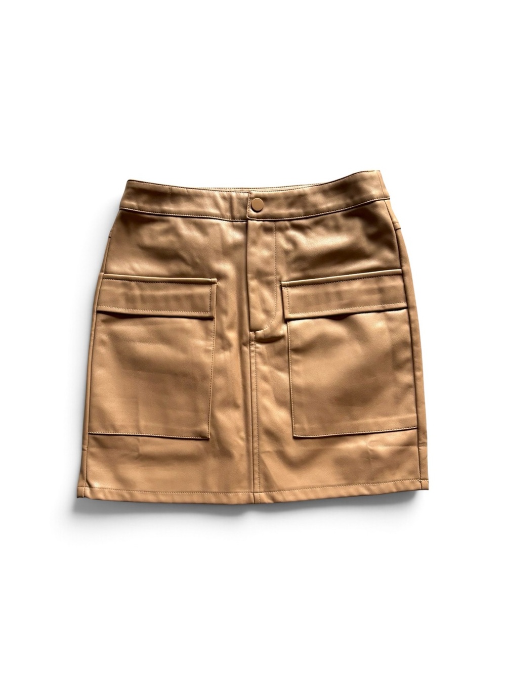 THML Camel Faux Leather Mini Skirt with Front Patch Pockets